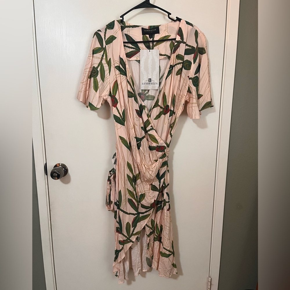 Lexbreezy Asymmetrical wrap around Leaf Print Dress - Pink and Green